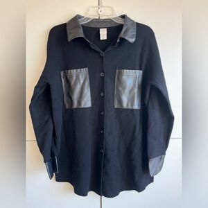 Joie Black Button-Up Sweater Sweater Shacket with Faux Leather Trim Size M